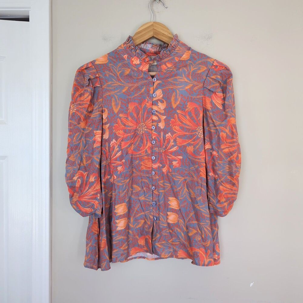 Jen's Pirate Booty NWT Garden Party Button Down High Neck Top Small Floral